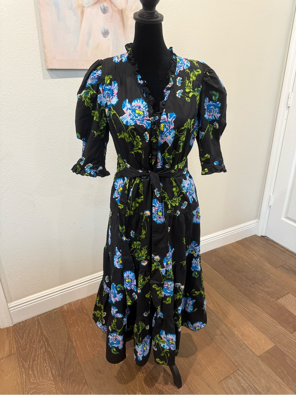 Diane Von Furstenberg Black Midi Dress with Blue Floral Print